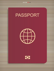 Passport book on wood texture background. Vector.
