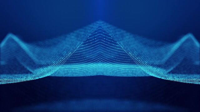 Sci-fi abstract theme with particle mirror waves. 4k looped abstract blue background of glow particles form curved lines, surfaces simmetrical structures. Digital bg with particle hologram.