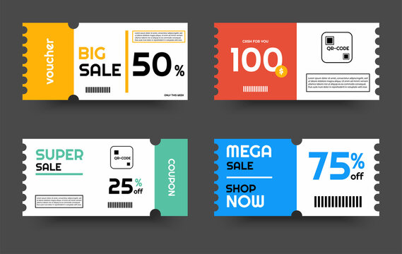 Set of simple voucher design template for retail business, shop and store, coupon with sale for market, disount promotion. Concept of sale card.