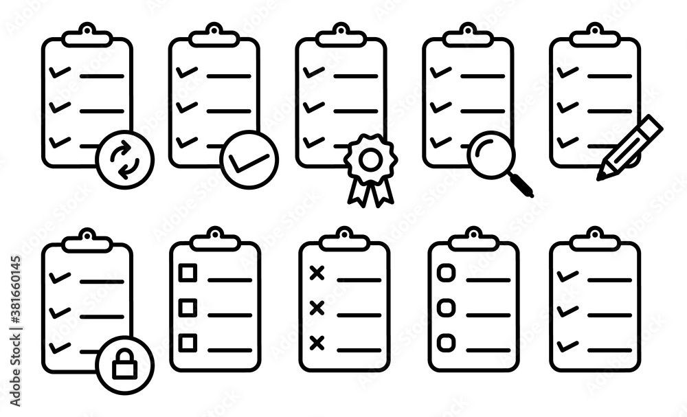 Aufkleber clipboard related vector icon set. well-crafted sign in thin line style with editable stroke. vector