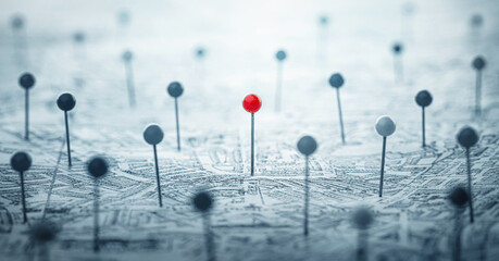 One red pin on the city map among many other colorless pins. Concept on the topic of personality,...