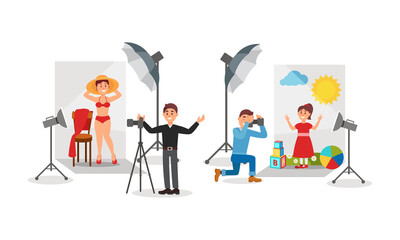 Young Male Photographer with Camera Taking Photo of Woman and Kid Vector Illustration Set
