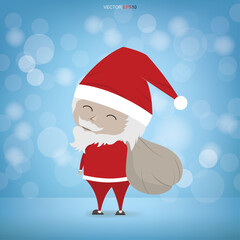 Christmas Santa Claus. Funny cartoon character in background of winter elegant with light blurred bokeh background. Vector.