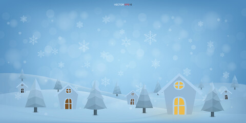 Christmas background of winter elegant. The village in hill with winter elegant blue bokeh. Vector.