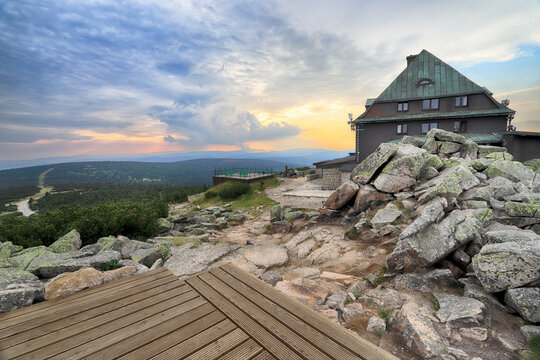 Szrenica mountain shelter (1362 m above sea level) during sunset, Szklarska Poreba, Poland, Europe.