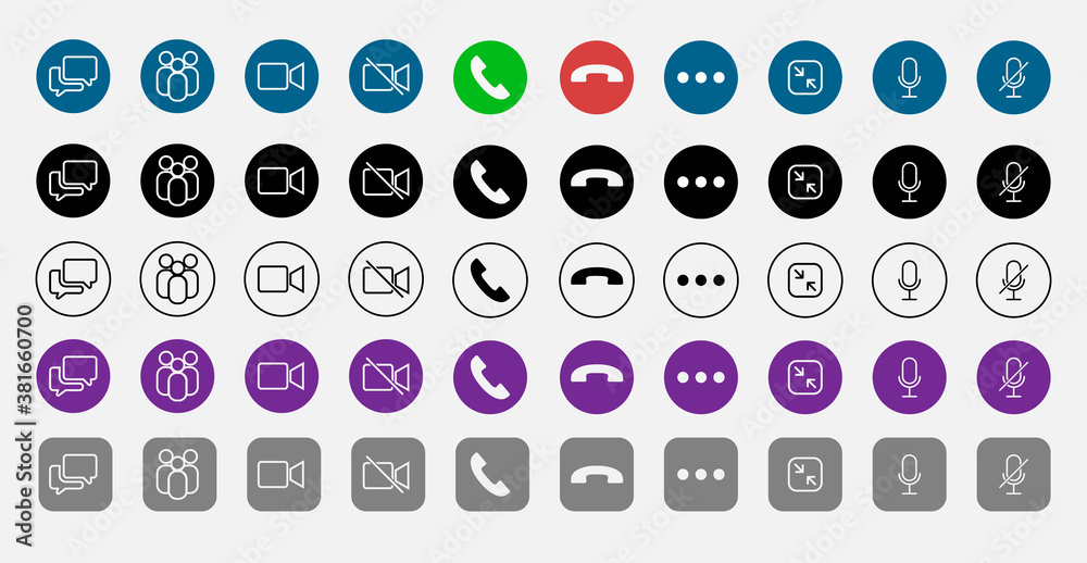 Poster Set of Video call icons. Video conference. Collections buttons of on-line video chat app, internet talk, call technology. Web app ui display template. Videoconferencing and online meeting workspace