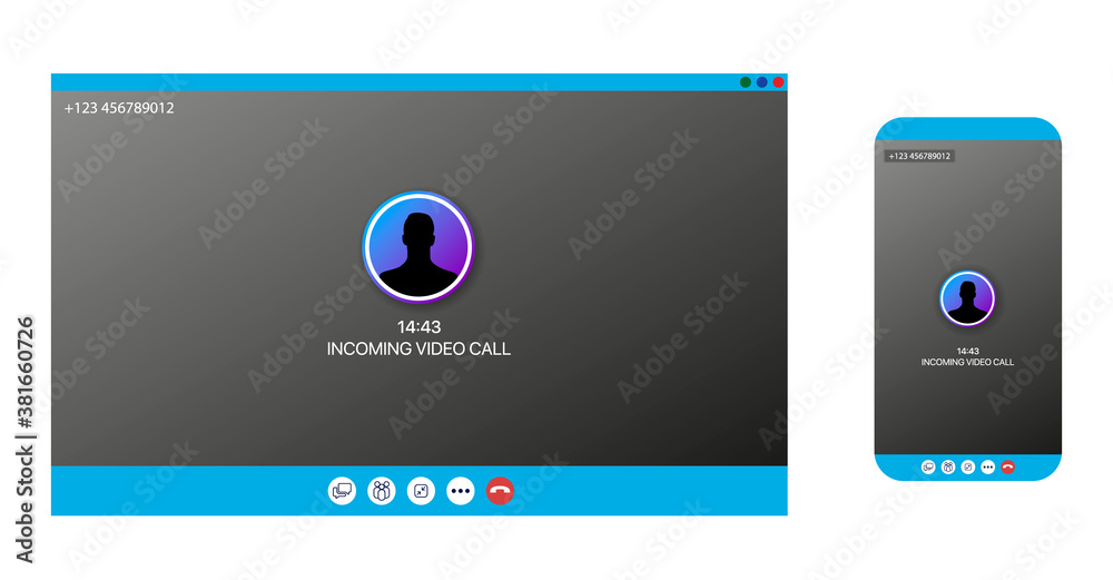 Poster Two video call screens. Set of computer and mobile screens. Application for communication via internet. Vector minimalistic illustration.