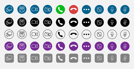 Set of Video call icons. Video conference. Collections buttons of on-line video chat app, internet talk, call technology. Web app ui display template. Videoconferencing and online meeting workspace