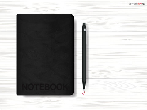 Notebook and pencil on wooden background. Vector.
