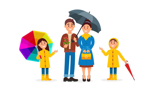 Family Couple and Kids Walking with Umbrellas Vector Illustration Set