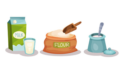 Ingredients for Baking with Milk, Flour and Sugar Vector Set