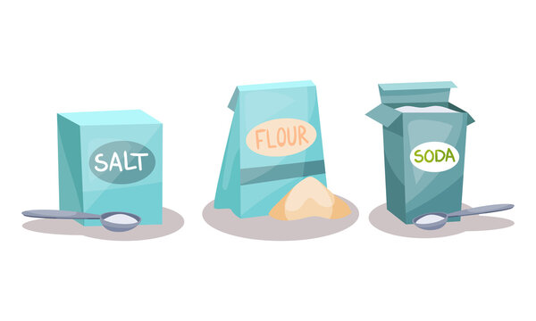 Ingredients For Baking With Salt, Flour And Soda Vector Set