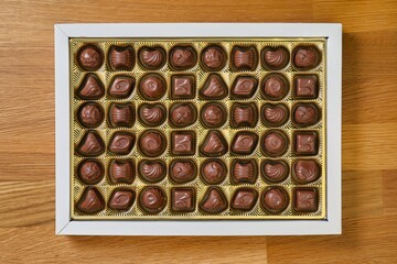 Box of chocolate bonbon candieson a table