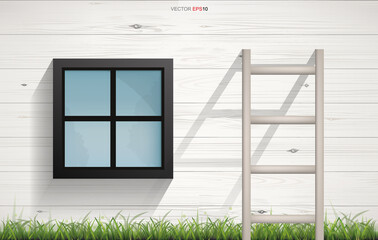 Abstract background of wooden Ladder and square window on wooden wall texture with horizontal slats wood wall of house. Vector.