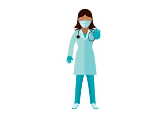 Woman doctor wearing medical mask on face to prevent Covid-19 vector. Woman scientist with protective face mask icon. Stop Coronavirus disease COVID-19 vector. Doctor with a stethoscope clip art