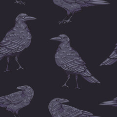 Seamless pattern with crows on a dark background