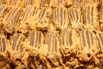Close up of rows of delicious cucumber pickles in the market, Kyoto, Japan