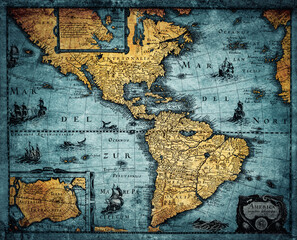 Old geographic map of South and North America. Concept on the theme of travel, adventure,...