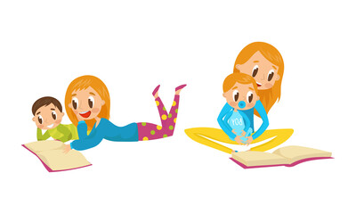 Mother Reading Book to Her Son Vector Illustration Set