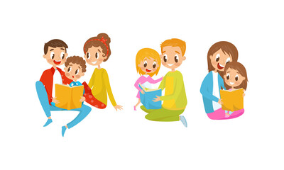 Fototapeta premium Mother and Father Reading Book to Their Kids Vector Illustration Set
