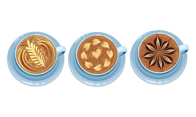 Cups on Saucer with Coffee Latte Crema Art Vector Set