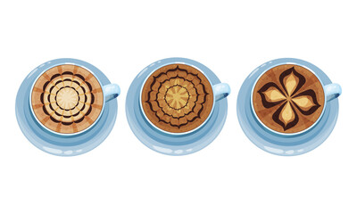 Cups on Saucer with Coffee Latte Crema Art Vector Set