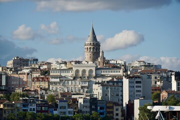Fototapeta na wymiar Istanbul, Turkey - August, 2020: Panorama of Istanbul from the side of Bosporus Strait. Magnificent Istanbul city, historical peninsula , Fatih mosque , Sultan Ahmed mosque, Suleymaniye Mosque