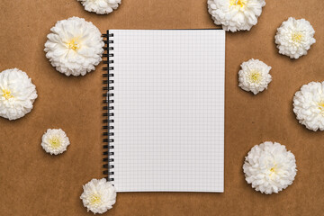 Notebooks and flowers-  notebook and white flowers on brown paper