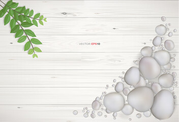 Background of white wood with green leaves and gravel stone. Natural abstract background for template design. Vector.