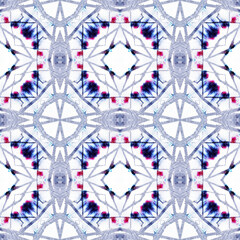 Geometric Painting. Seamless Tie Dye Illustration. Ikat Turkish Print. Blue and White Seamless Texture. Abstract Kaleidoscope Print. Ethnic Geometric Hand Painting.