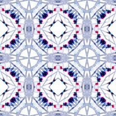 Geometric Painting. Seamless Tie Dye Illustration. Ikat Turkish Print. Blue and White Seamless Texture. Abstract Kaleidoscope Print. Ethnic Geometric Hand Painting.