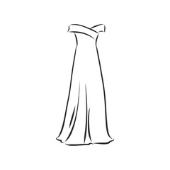 women's dresses. Hand drawn vector illustration. Black outline drawing isolated on white background women's dress, vector sketch illustration