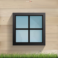 Window on wooden wall texture with horizontal slats wood wall of house. Vector.