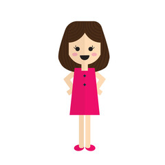Flat vector illustration of a cute girl wearing pink dress and smiling on the white background