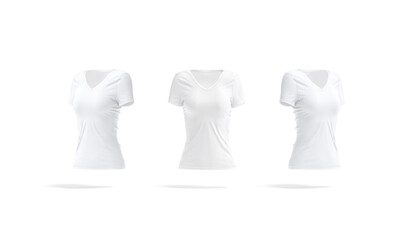 Blank white women slimfit t-shirt mockup, front and side view