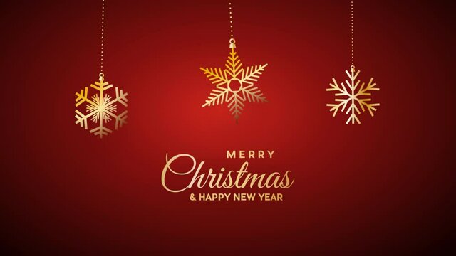 Merry Christmas on red background. Golden balls with ice shapes  for postcard and greeting. 2D animation. Loop footage 4k