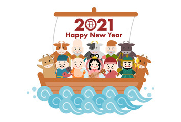2021年丑年の年賀状イラスト: 七福神と牛を乗せた宝船