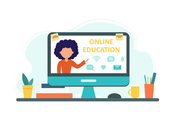 Online education concept with computer, books and cup. Screen with teacher. Vector illustration in flat style. Stay at home. Self-isolation.