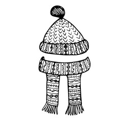 Knitted winter warm hat and scarf monochrome ink sketch art design stock vector illustration for webm for print