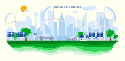 Smart city with clean power source, renewable energy technology including wind and solar, electric car and charging station
