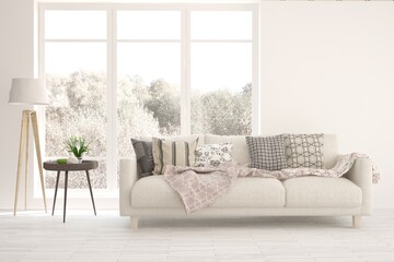 White living room with sofa. Scandinavian interior design. 3D illustration