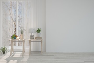 White empty room. Scandinavian interior design. 3D illustration
