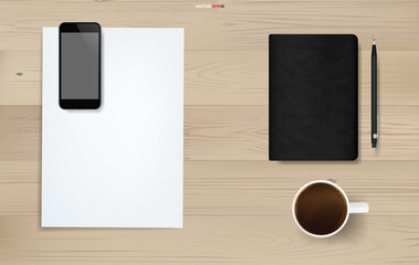 Office object background on wood. Working space area. Business background of white paper sheet, smartphone, coffee cup, notebook and pencil on wood texture. Vector.