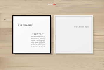 Photo frame or picture frame on wooden texture background. Vector.