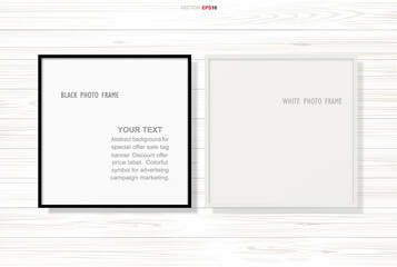 Photo frame or picture frame on wooden texture background. Vector.