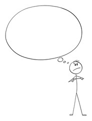 Vector cartoon stick figure drawing conceptual illustration of angry confident man or businessman thinking about something with huge or big empty thought bubble or balloon.