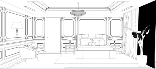bedroom, contour visualization, 3D illustration, sketch, outline