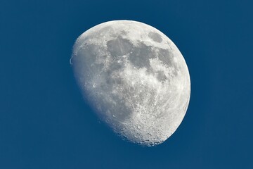 The Moon detailed shot in blue daylight sky, taken at 1600mm focal length, waxing gibbous phase, blue hour