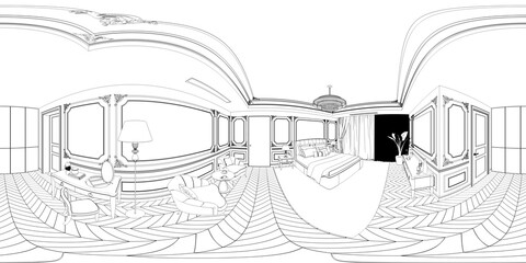 spherical panorama of the interior, contour visualization, 3D illustration, sketch, outline