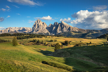 Naklejka premium Famous Alpe di Siusi - Seiser Alm with Sassolungo - Langkofel mountain group in background at sunset. Wooden chalets in Dolomites, Trentino Alto Adige region, South Tyrol, Italy